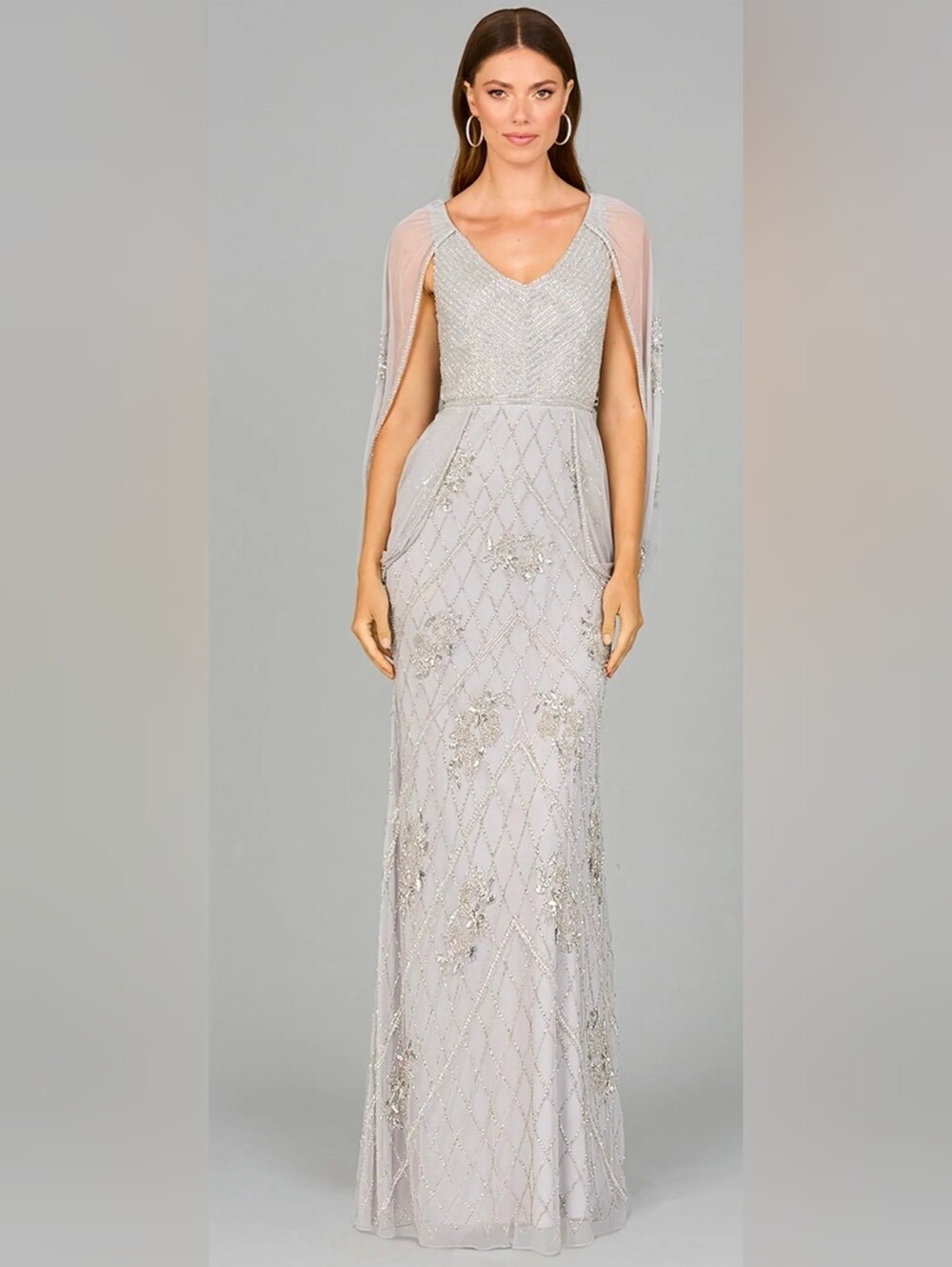 LARA Silver Beaded Maxi Dress with Sheer Long Sleeves